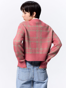 GU Puffy Touch Check Crew Neck Short Cardigan