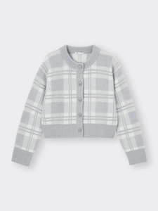 GU Puffy Touch Check Crew Neck Short Cardigan