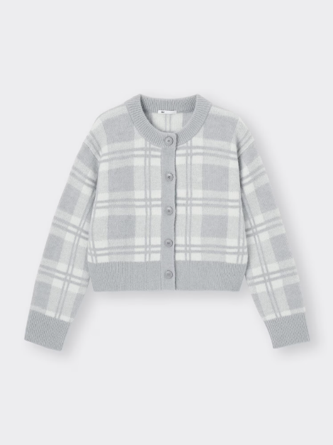 GU Puffy Touch Check Crew Neck Short Cardigan