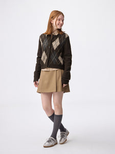 GU Puff Knit Argyle Crew Neck Cardigan (Pre-order)